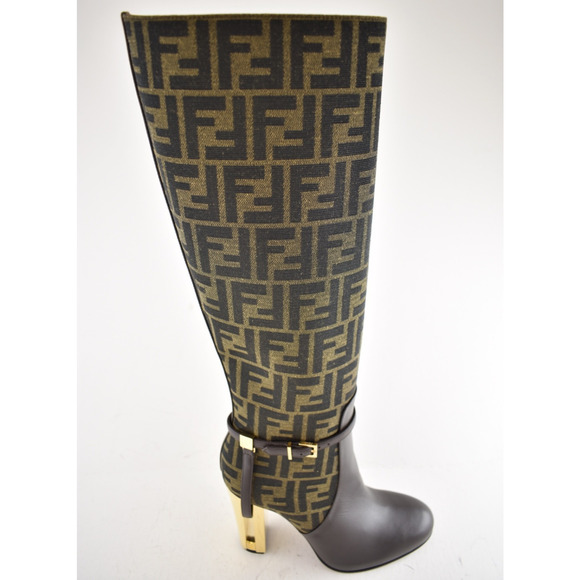 Fendi 105mm Traced Brown Leather Monogram FF Logo Motif Knee High Heel Boot 37 - Picture 7 of 16